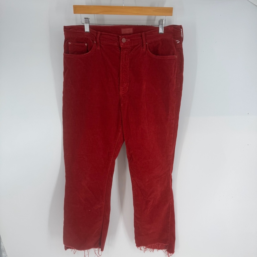 MOTHER Insider Crop Step Fray Red Corduroy Raw Hem Straight Leg Pants - Picture 2 of 6